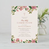 Blush roze bloem Elegante eerste communie Folie Uitnodiging (Staand Voorkant)