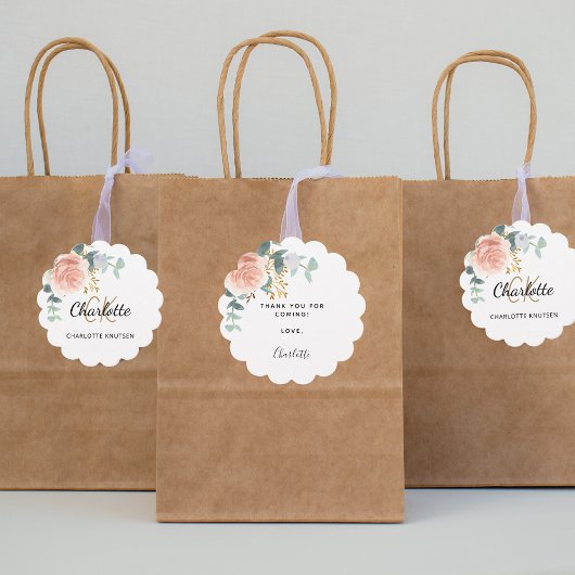 Blush roze bloem eucalyptus dank verjaardag bedankjes labels