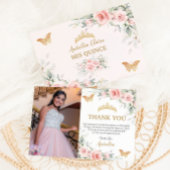Blush Roze Bloem Gouden Kroon Quinceañera Foto  Bedankkaart