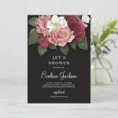 Blush roze bloem op zwarte achtergrond uitnodiging (Staand voorkant)