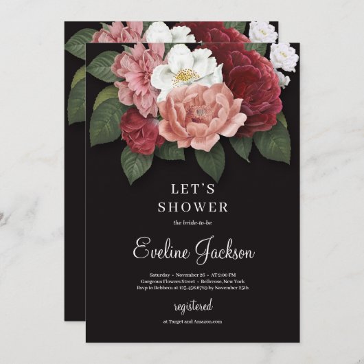 Blush roze bloem op zwarte achtergrond uitnodiging (Voorkant / Achterkant)