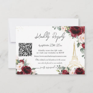Blush Roze Bloem Paris Eiffeltoren Quinceañera QR RSVP Kaartje