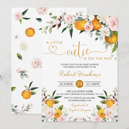 Blush roze bloem, Sinaasappel Little Cutie Baby sh Kaart (Voorkant / Achterkant)