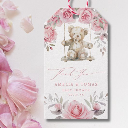 Blush Roze Bloem Teddybeer Baby Meisje Bedankt Cadeaulabel