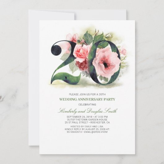 Blush Roze Bloemen 20e bruiloft Jubileum Kaart (Voorkant)
