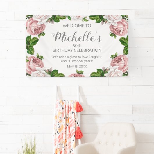 Blush Roze Bloemen 50ste Verjaardag Welkom Spandoek (Insitu)