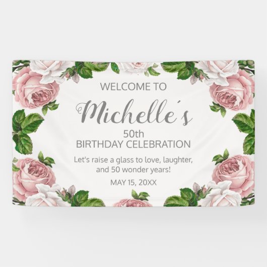 Blush Roze  Bloemen 50ste Verjaardag Welkom Spandoek (Horizontaal)