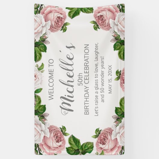 Blush Roze Bloemen 50ste Verjaardag Welkom Spandoek (Verticaal)