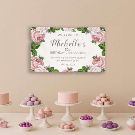 Blush Roze  Bloemen 50ste Verjaardag Welkom Spandoek