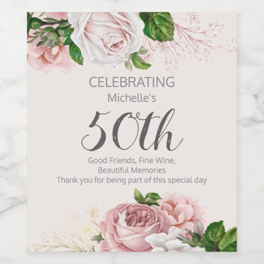 Blush Roze  Bloemen 50ste Verjaardag Wijn Etiket (Enkel label)