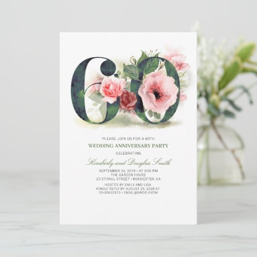 Blush Roze Bloemen 60e bruiloft Jubileum Kaart (Staand voorkant)