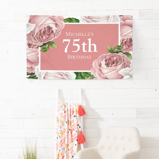 Blush Roze Bloemen 75ste Verjaardag Spandoek (Insitu)
