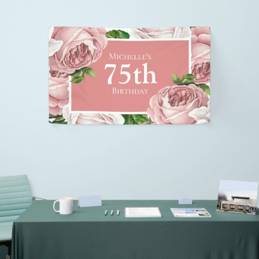 Blush Roze  Bloemen 75ste Verjaardag Spandoek (Beurs)