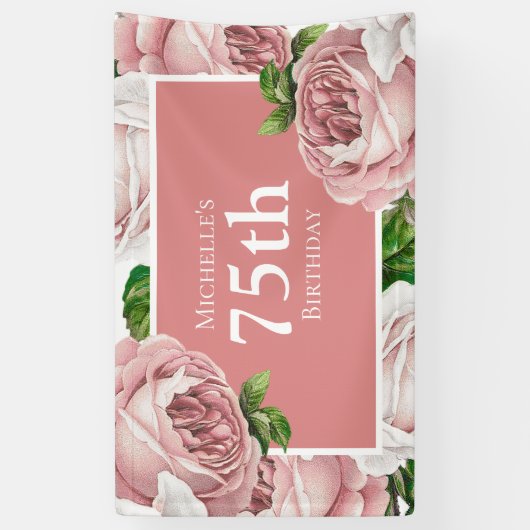 Blush Roze  Bloemen 75ste Verjaardag Spandoek (Verticaal)