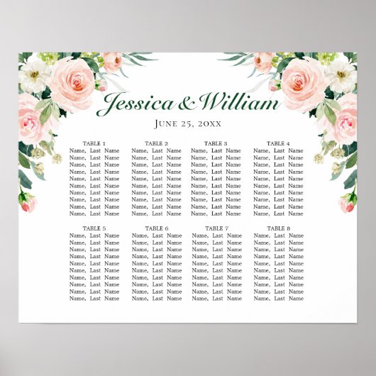 Blush roze bloemen 8 Tables Weddenschapskarakter Poster (Voorkant)