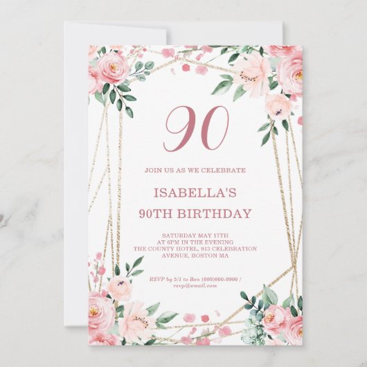 Blush Roze Bloemen 90ste Verjaardag Uitnodiging (Voorkant)