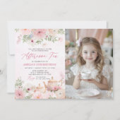 Blush Roze Bloemen Afternoon Tea Verjaardagsfoto Kaart (Voorkant)