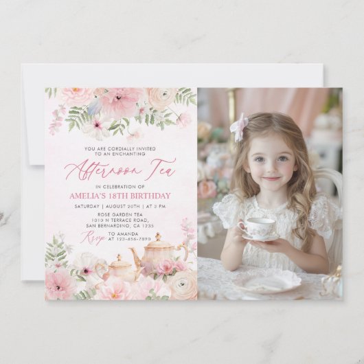 Blush Roze Bloemen Afternoon Tea Verjaardagsfoto Kaart (Voorkant)