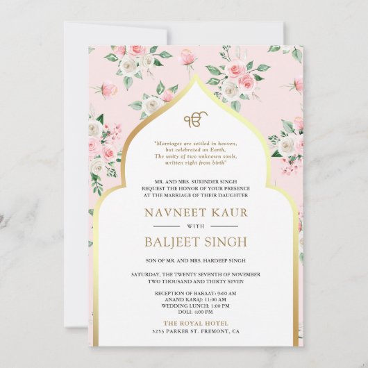 Blush Roze Bloemen Anand Karaj Sikh Bruiloft Kaart (Achterkant)