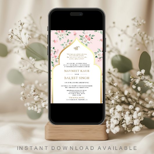 Blush Roze Bloemen Anand Karaj Sikh Bruiloft Kaart