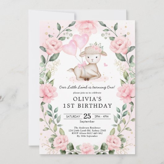 Blush Roze Bloemen Baby Schaap Lam Meisje Verjaard Kaart (Voorkant)