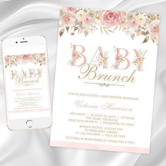 Blush Roze Bloemen Baby shower Brunch Kaart