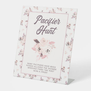 Blush Roze Bloemen Baby shower Fopspeen Hunt Game Reclamebord Met Voetstuk