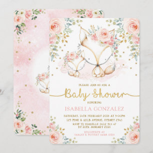 Blush Roze Bloemen Baby Woodland Fox Meisje Douche Kaart