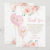 Blush Roze Bloemen Ballonnen Goud Meisje Baby show Bedankkaart (Voorkant / Achterkant)