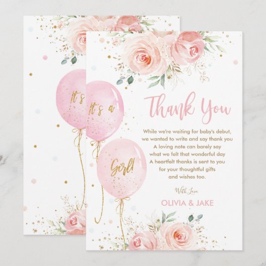 Blush Roze Bloemen Ballonnen Goud Meisje Baby show Bedankkaart (Voorkant / Achterkant)