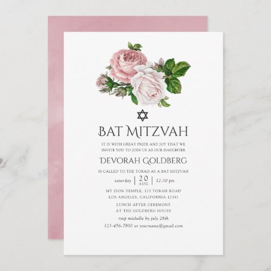  Blush Roze Bloemen Bat Mitzvah Kaart (Voorkant / Achterkant)