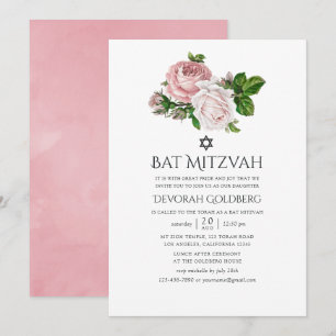  Blush Roze Bloemen Bat Mitzvah Kaart