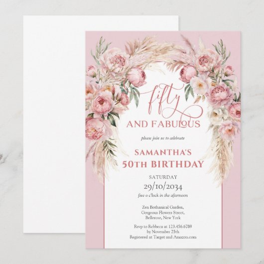 Blush roze bloemen boho boog pampas 50e verjaardag kaart (Voorkant / Achterkant)