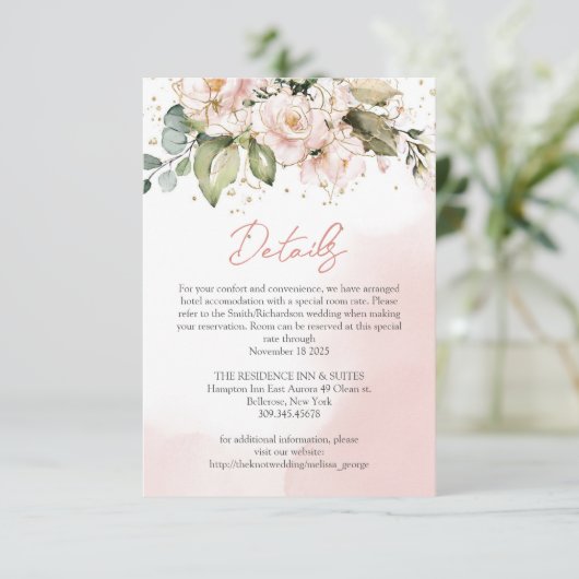 Blush Roze Bloemen Boho Bruiloft Details Kaart Chi (Staand voorkant)