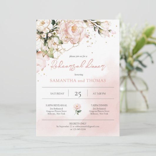 Blush Roze Bloemen Boho Bruiloft repetitie diner Kaart (Staand voorkant)