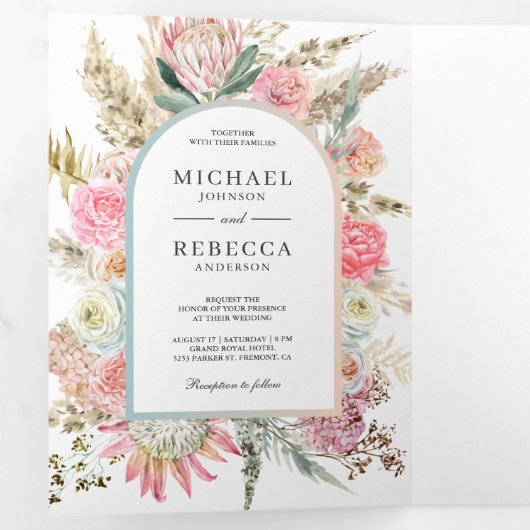 Blush Roze Bloemen Boho Pampas Gras Foto Huwelijk Drieluik Uitnodiging (Binnenzijde eerst)