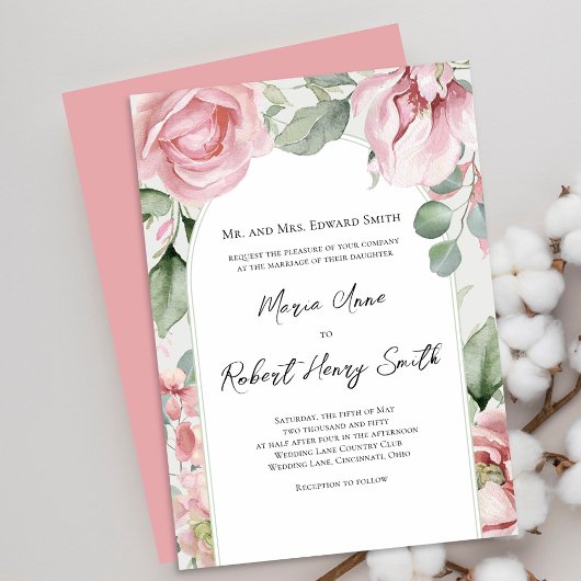 Blush Roze Bloemen Boog Huwelijk Elegant Kaart