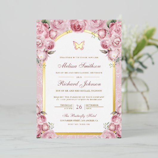 Blush Roze Bloemen Boog Vlinder Trouwgoud Folie Uitnodiging (Staand Voorkant)
