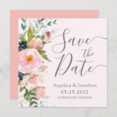 Blush Roze Bloemen Botanisch Grijs Save The Date (Voorkant / Achterkant)