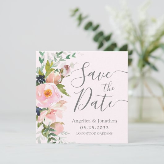 Blush Roze Bloemen Botanisch Grijs Save The Date (Staand voorkant)