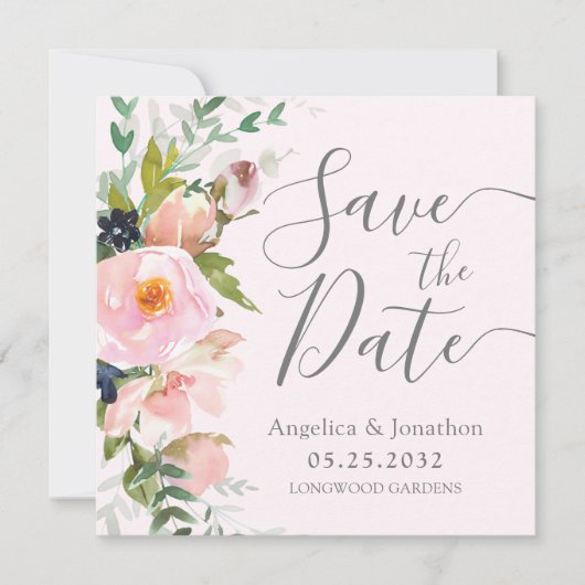 Blush Roze Bloemen Botanisch Grijs Save The Date (Voorkant)