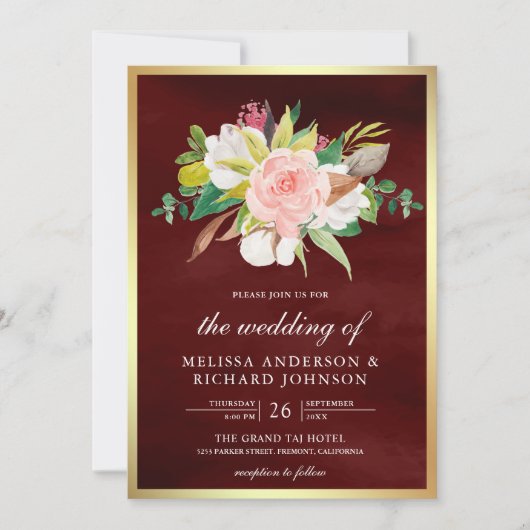 Blush Roze Bloemen Bourgogne Alles in één bruiloft Kaart (Voorkant)