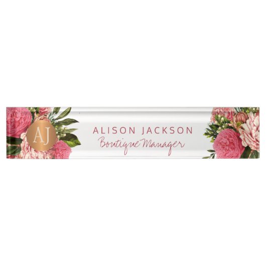 Blush roze bloemen boutique manager monogram naambordje (Voorkant)