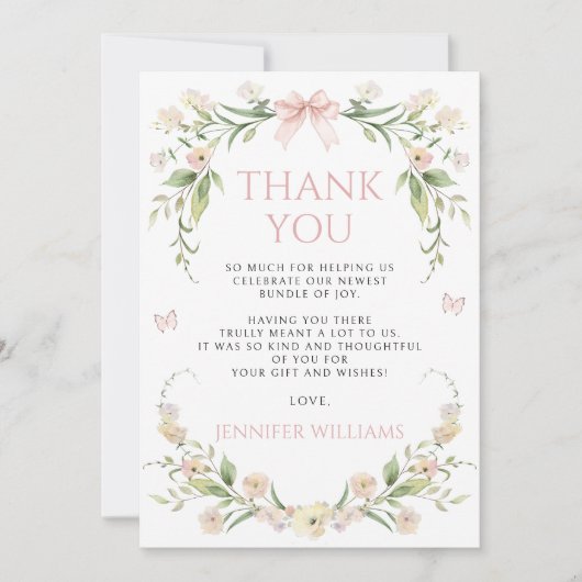 Blush Roze Bloemen Bow Butterfly Baby Meisje Douch Bedankkaart (Voorkant)