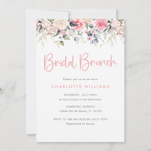 Blush Roze Bloemen Bruids Brunch Uitnodiging (Voorkant)