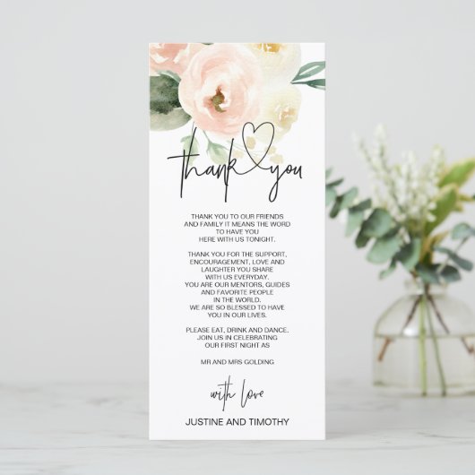 Blush roze bloemen bruiloft dank u tafel instellin menu (Staand voorkant)