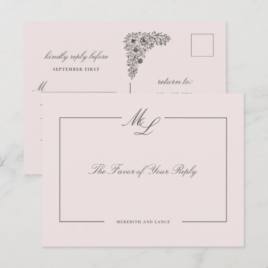 Blush Roze  Bloemen Bruiloft Monogram Reactie Uitnodiging Briefkaart (Voorkant / Achterkant)