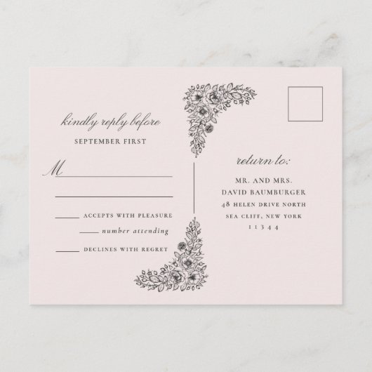 Blush Roze  Bloemen Bruiloft Monogram Reactie Uitnodiging Briefkaart (Achterkant)