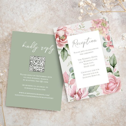 Blush roze bloemen bruiloft receptie informatiekaartje