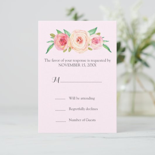 Blush Roze Bloemen Bruiloft RSVP (Staand voorkant)
